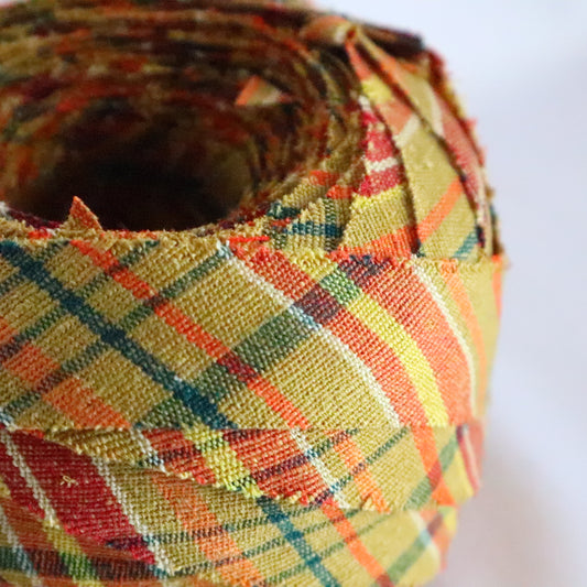 Ocher with green, red, brown, and yellow plaid pattern, pongee (Y02310014)