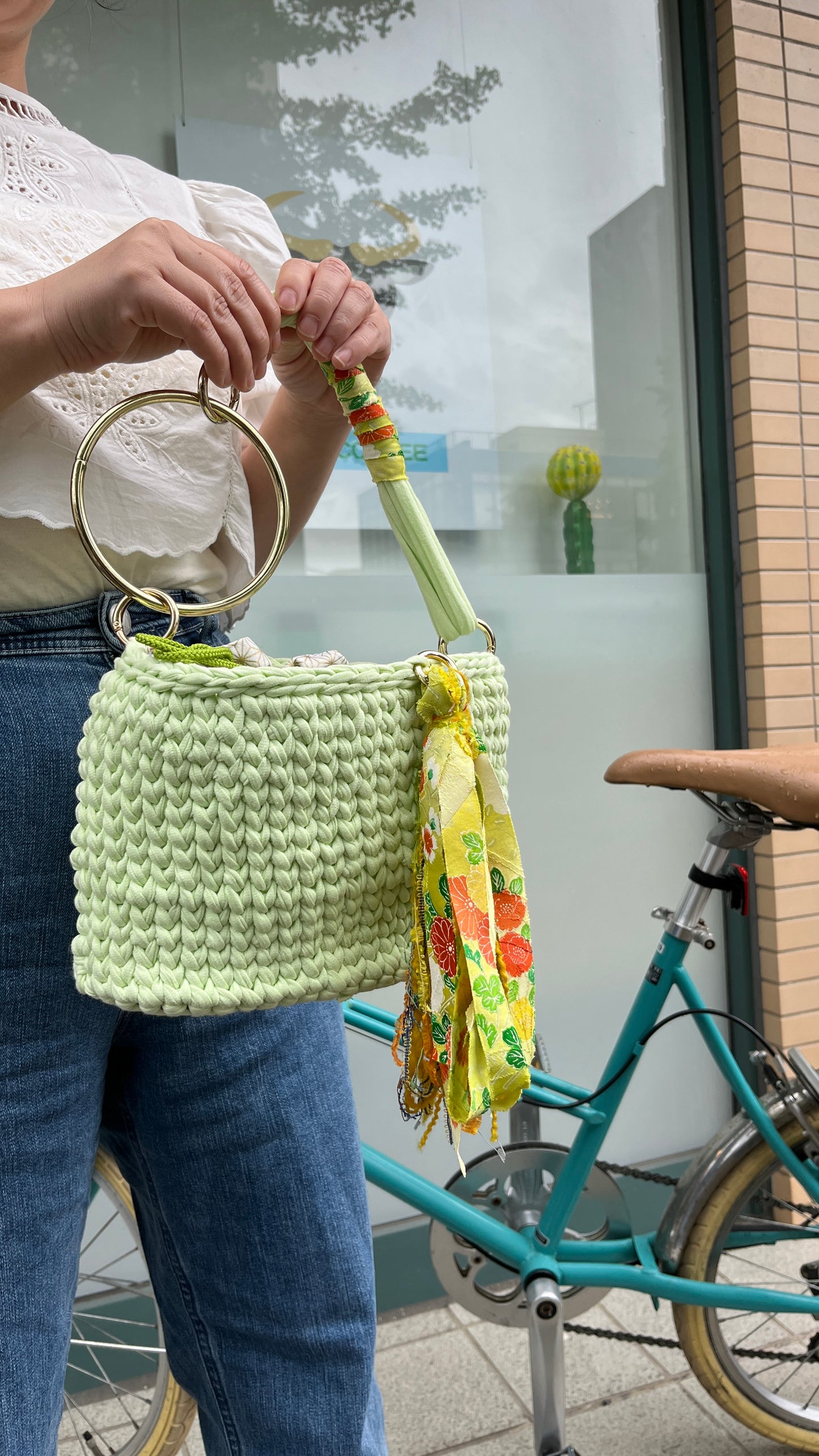 [Finished product] Lime green bag with kimonoyarn tassel